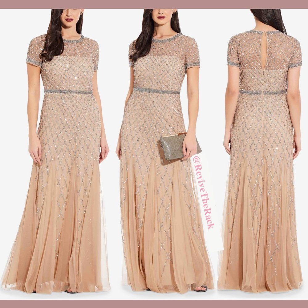 NEW $328 Adrianna Papell‎ Cap Sleeve Beaded Mesh Gown in Champagne [SZ 10 ]